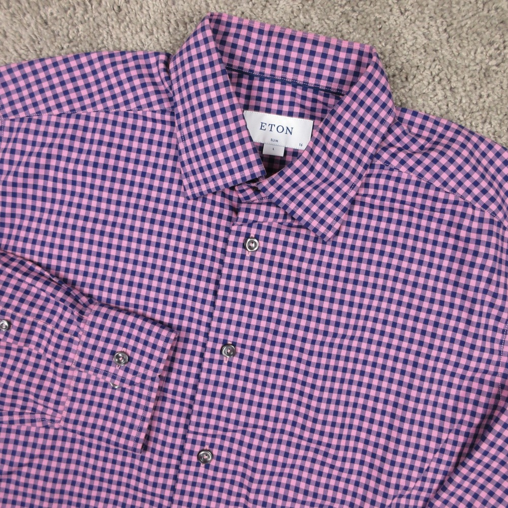 ETON Shirt Mens Large 16 41 Purple Gingham Check Slim Fit Cotton Dress Button Up